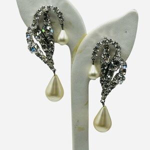 Vintage Marvella Ear Climber Rhinestone Pearl Drop Earrings